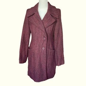 Wool Blend Dark Burgundy and Black Tweed Double Button Walking Coat, Sz Small